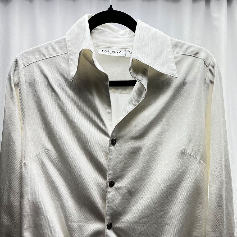 Farinaz Taghavi Winter White Size 10 Button Down Long Sleeve Top Tie Front